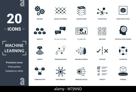 Machine Learning icon set. Contenir l'apprentissage machine télévision rempli, la résolution de problèmes, algorithme, intelligence artificielle, modèle 3D, des émotions, de l'interaction Illustration de Vecteur