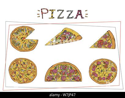 Différents types de Pizza Vector set. Marguerite et le pepperoni, fruits de mer. La cuisine italienne avec du fromage et de la tomate dans une pizzeria ou pizza house set illustration Illustration de Vecteur