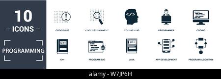 Jeu d'icônes de programmateur. Contiennent un codage plat rempli, esprit de codage, développement d'applications, algorithme de programme, Java, développement de code, icônes d'émission de code. Modifiable Illustration de Vecteur