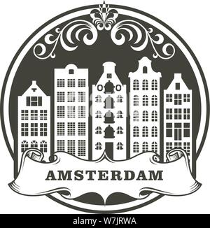 Amsterdam city stamp - rangée de bâtiments générique, paysage urbain d'Amsterdam Pays-Bas Illustration de Vecteur