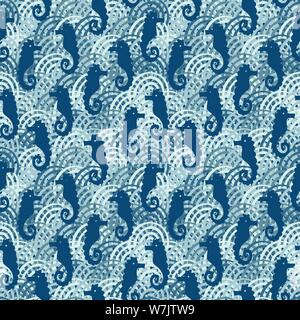 Modèle vectoriel continu avec les hippocampes sur fond bleu texturé Illustration de Vecteur