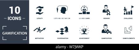 Jeu d'icônes de gamification. Contiennent des défis à plat remplis, des éléments de jeu, des classements, des symboles de fidélité, de coordination et de récompense. Format modifiable Illustration de Vecteur