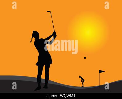 Joueur de golf femme au coucher du soleil Illustration de Vecteur