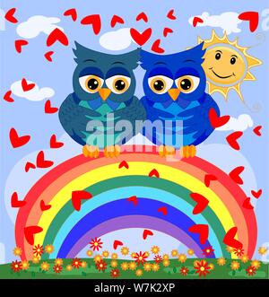 Deux yeux bleus, owl-owl-boys s'asseoir dans l'arc-en-ciel entre les cœurs, l'amour est dans l'air. Concept de l'amour des hommes homosexuels, carte postale Illustration de Vecteur