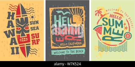 Chemises d'été un modèle d'ensemble les conceptions graphiques. Tee imprimer des scénarios. New York, Californie, le soleil, l'océan et du surf. Illustration de Vecteur