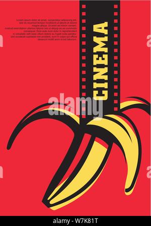 Cinéma en plein air concept artistique pour film festival avec la bande de film et la banane. Style pop art design flyers. Vector illustration. Illustration de Vecteur