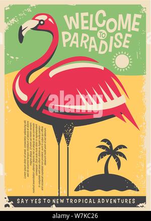 Flamant rose retro poster design pour des destinations tropicales. Bienvenue au paradis des lieux exotiques vintage flyer concept. Image vectorielle. Illustration de Vecteur