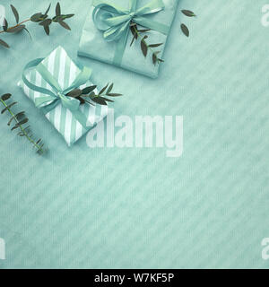 Télévision réside dans des tons vert clair avec des cadeaux emballés décoré de brindilles d'eucalyptus. Coin télévision lay, décoration, composition carrée Banque D'Images