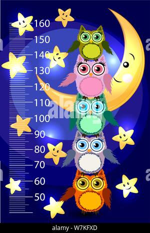 Hauteur mini mètre avec cute owls. Funny stadiomètre de 50 à 150 centimètres. Illustration de Vecteur