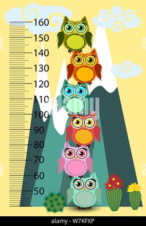 Hauteur mini mètre avec cute owls. Funny stadiomètre de 50 à 150 centimètres. Illustration de Vecteur
