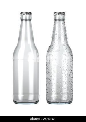 Une bouteille de bière en verre à côté d'une autre par les gouttelettes de condensation sur un fond studio blanc isolé - 3D render Banque D'Images