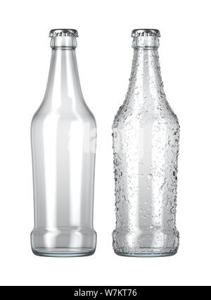 Une bouteille de bière en verre à côté d'une autre par les gouttelettes de condensation sur un fond studio blanc isolé - 3D render Banque D'Images