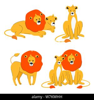 Cute lion et lionne - télévision style design ensemble de caractères Illustration de Vecteur