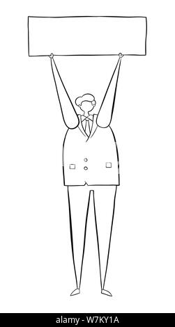 Businessman standing et holding up ouverture vierge. Contours noirs et blanc. Illustration de Vecteur