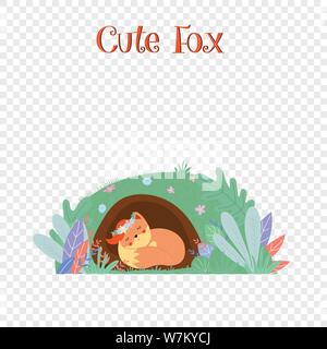 Cute fox en gerbe de dormir dans foxy burrow isolated Illustration de Vecteur