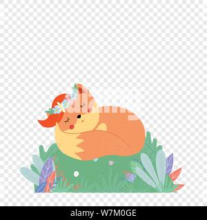 Cute fox dans flower wreath dormir sur champ vert Illustration de Vecteur