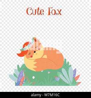 Cute fox en couronne de fleurs dormir sur champ vert Illustration de Vecteur