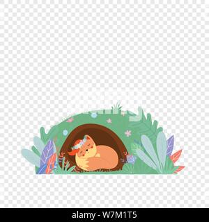 Cute fox en gerbe de dormir dans foxy burrow isolated Illustration de Vecteur