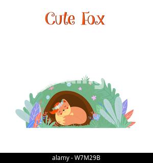 Cute fox en gerbe de dormir dans foxy burrow isolated Illustration de Vecteur