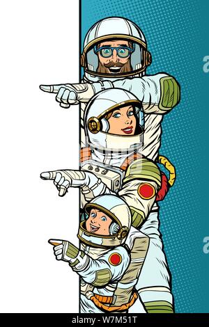 Les astronautes de la famille maman papa et son fils. Point de copier l'affiche de l'espace. Pop art retro vintage dessin vectoriel Illustrator kitsch Illustration de Vecteur