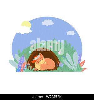 Cute fox en gerbe de dormir dans le trou de Illustration de Vecteur