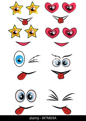 Cartoon fait face à la ligne d'expression icons set. Ensemble d'émoticônes emoji icônes de ligne ou l'illustration. Icônes sourire art illustration isolé sur la ligne de zone blanche Illustration de Vecteur