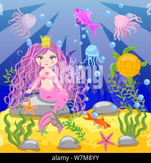 Arrière-plan avec un monde sous-marin d'enfants dans un style. Une sirène est assis sur un rocher. Coffre en bois avec de l'or sur le fond de la mer. Dans des fonds marins Illustration de Vecteur