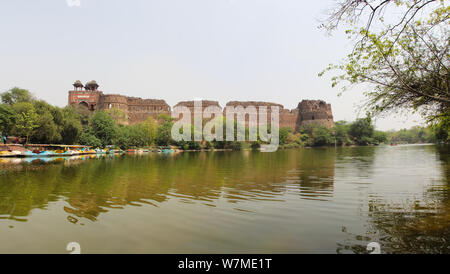 Fort at a lakeside, Old Fort, New Delhi, India Stock Photo