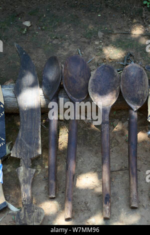 Collection de cuillères Zulu pour vente comme souvenirs à Shakaland Zulu Cultural Village, Eshowe, Kwazulu Natal, Afrique du Sud Banque D'Images