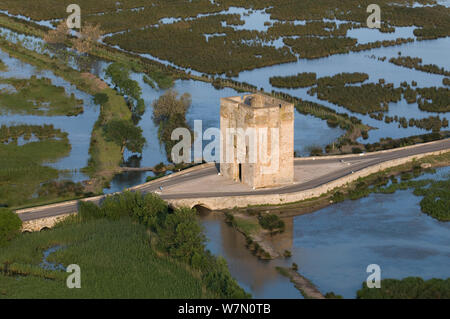 Vue aérienne de l'ancienne tour de la passerelle dans les marais d'Aigues-Mortes le contrôle de la vente et du transport du sel au Moyen-Âge, Camargue, sud de la France, mai 2009 Banque D'Images