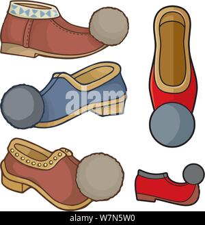 Tsarouchis grec traditionnel, folk, mocassin cuir comme, chaussures avec pompons. Vector icon set. Illustration de Vecteur