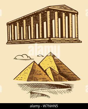 Grande pyramide de Gizeh et bâtiment historique avec des colonnes. Sept Merveilles du monde antique. La grande construction de la grecs. Hand drawn Illustration de Vecteur