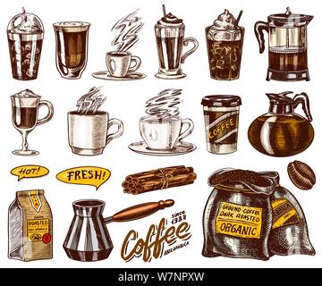 Ensemble de tasses de café dans le style vintage. Plats à emporter et de l'espresso, Latte moka et Americano, Cappuccino et Glace, frappe dans un verre. Hand drawn Illustration de Vecteur