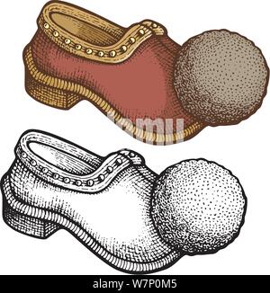 Grec traditionnel tsarouchi, gravure sur bois illustration de mocassin cuir folk comme, homme chaussure avec pompon. Illustration de Vecteur