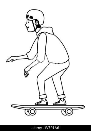 Jeune homme sur planche cartoon en noir et blanc Illustration de Vecteur