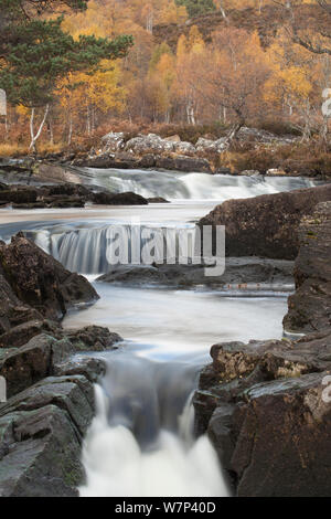 Affric rivière qui coule à travers une gorge rocheuse, la réserve naturelle nationale de Glen Affric, Écosse, Royaume-Uni, octobre 2012. Banque D'Images