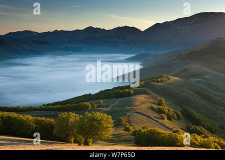 Le Piano Grande à l'aube avec brouillard couché dans la vallée, parc national Monti Sibillini, Ombrie, Italie Mai 2012 Banque D'Images