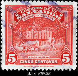 Des boeufs une charrue sur vintage stamp d'El Salvador Banque D'Images