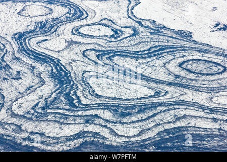 Glacier Vatnajokull vu de l'air avec des motifs abstraits. L'Islande, l'Europe, juillet 2009. Banque D'Images