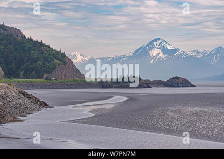 Les vasières à marée basse de l'entrée de cuisiniers de Turnagain Arm en Alaska avec les montagnes Chugach en arrière-plan Banque D'Images