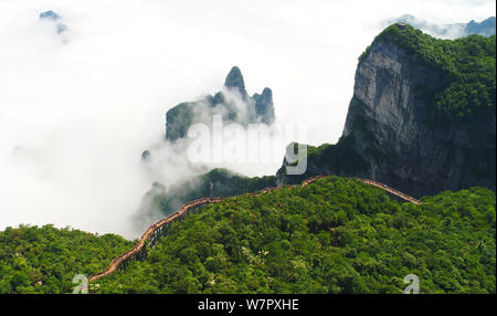 Vue aérienne de la montagne Tianmen (ou montagne Tianmenshan) entourée de nuages dans le parc forestier national de Zhangjiajie dans la ville de Zhangjiajie, central Ch Banque D'Images