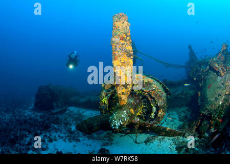 Scuba Diver à explorer l'épave de l'avion "B-24 Liberator' l'île de Vis, Croatie, Mer Adriatique, Mer Méditerranée Banque D'Images