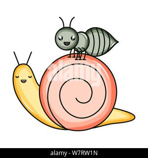 Ant mignon et escargot insecte vecteur illustration design personnages kawaii Illustration de Vecteur