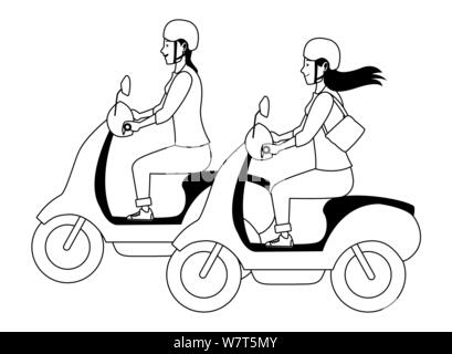 Les gens la trottinette, motos cartoon en noir et blanc Illustration de Vecteur