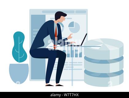 La science des données Notion de grande base de données de la technologie. L'environnement feuille verte. Business Man working on laptop la présentation graphique de l'analyse. Illustration de Vecteur