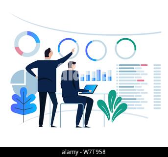 Concept de design d'analyse d'affaires et réunion de l'équipe d'affaires pour travailler sur le tableau de bord moniteur. Grande carte cible sur grand écran de télévision du vecteur. Illustration de Vecteur