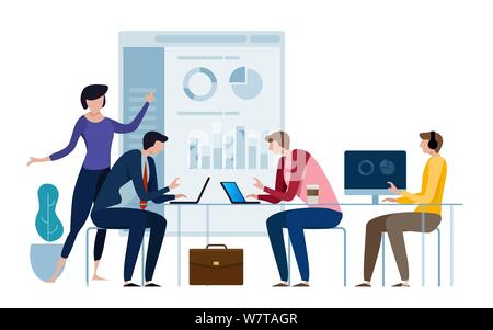 Gestionnaire d'entreprise expliquant trimestre les données du rapport pour le conseil d'administration. Travailler ensemble l'atteinte de la cible. Résultats financiers. Vecteur de style plat Illustration de Vecteur