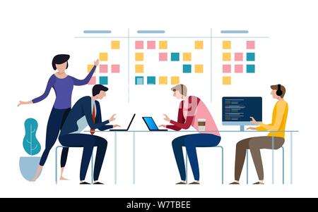 L'équipe entreprise agile de programmeur et de travail sur la planification de faire une mêlée ordonnée. Tableau blanc et d'équipe, processus scheme méthodologie. Vector Illustration de Vecteur