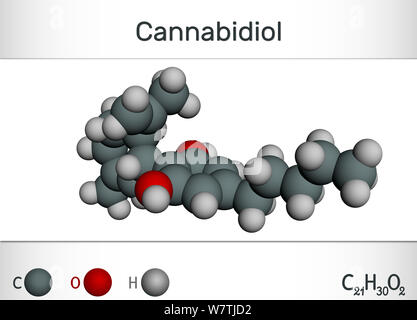 Le cannabidiol CBD molécule. hemical formule et molécule modèle. Cannabinoïde actif dans le cannabis, a effets antipsychotiques. Le rendu 3D Banque D'Images