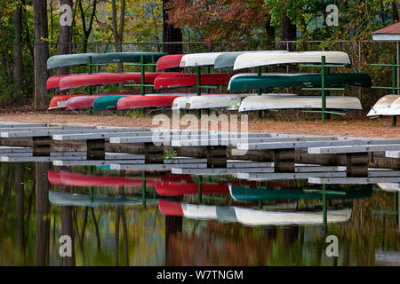La réflexion de canots sur Grand lac de William B. Umstead State Park. North Carolina, USA, octobre 2013. Banque D'Images